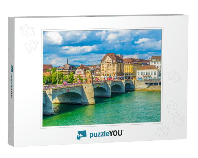 Riverside of Rhine in Basel with Mittlere Brucke, Switzer... Jigsaw Puzzle