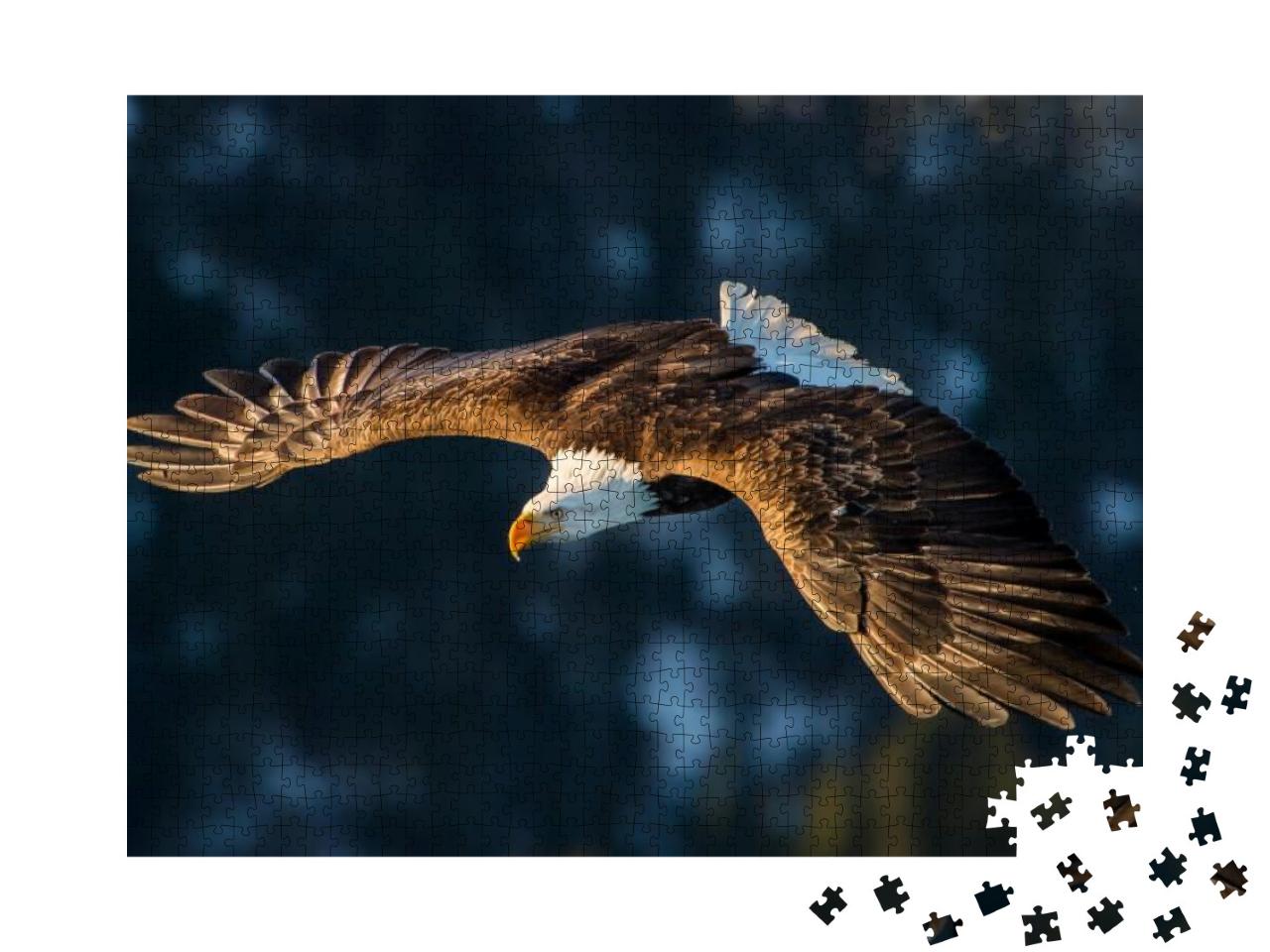 American Bald Eagle Diving in Flight Against Forested Ala... Jigsaw Puzzle with 1000 pieces
