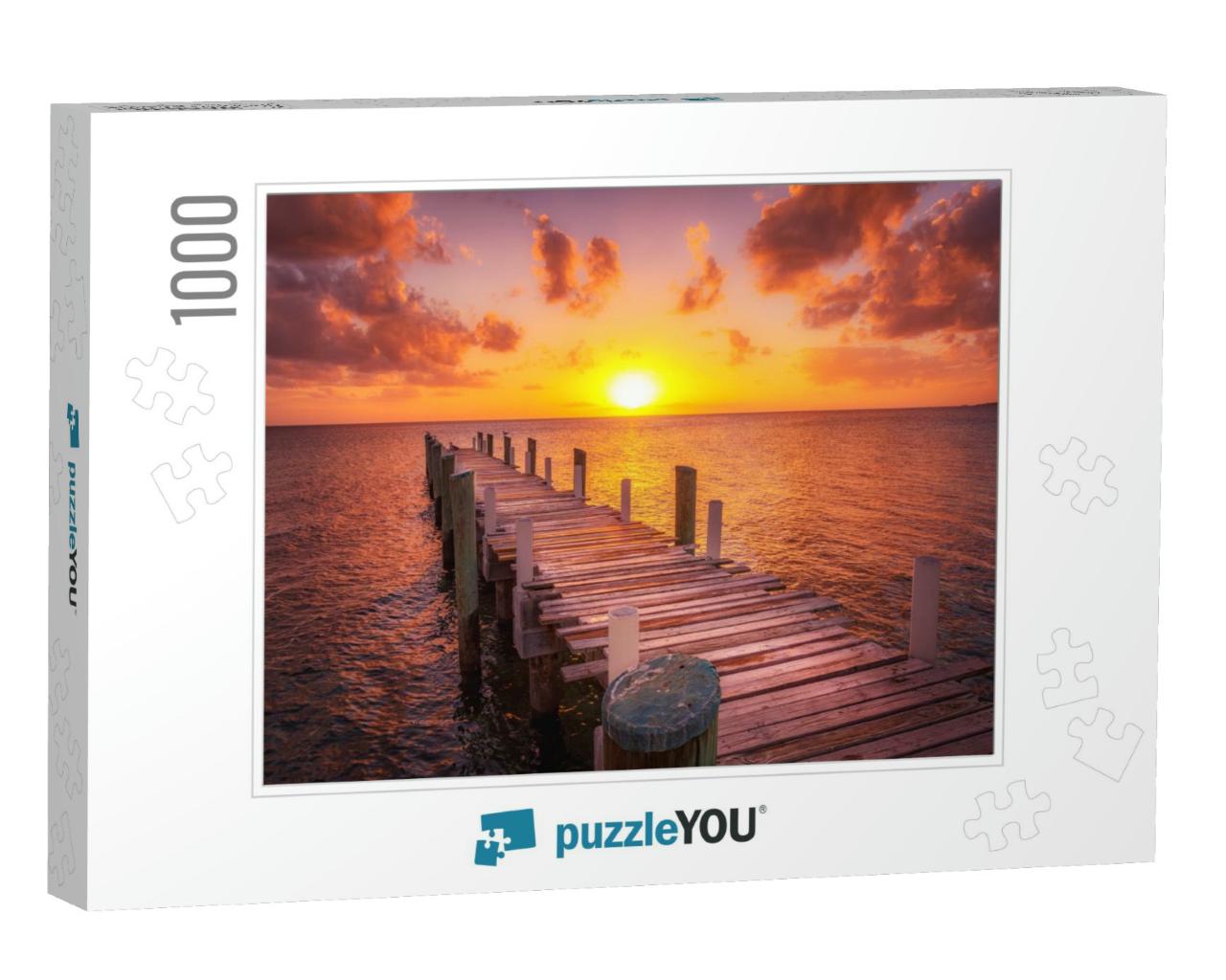 Dock During Caribbean Sunset, Beautiful Magenta Colors &... Jigsaw Puzzle with 1000 pieces