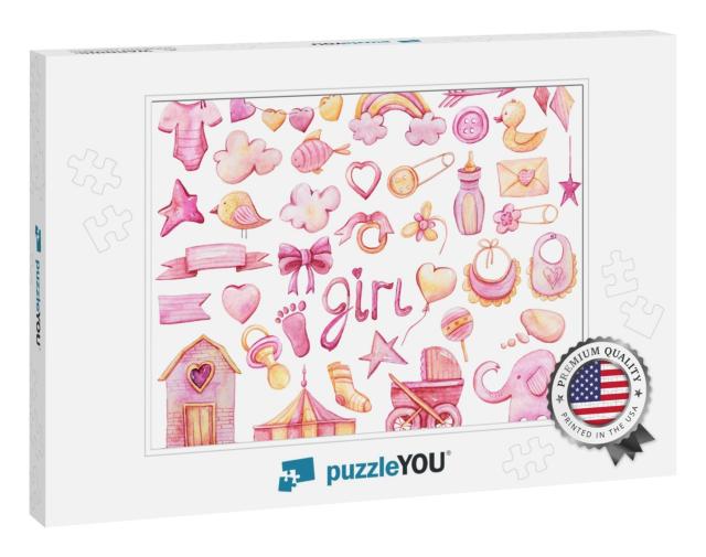Watercolor Hand Painted Pink Girls Set. Its a Girl... Jigsaw Puzzle