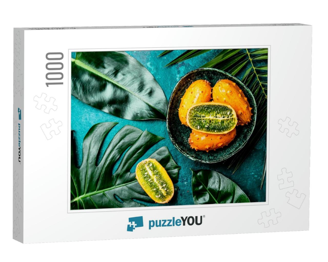 Tropical Fruit Kiwano Passion Fruit in Green Bowl on Turq... Jigsaw Puzzle with 1000 pieces