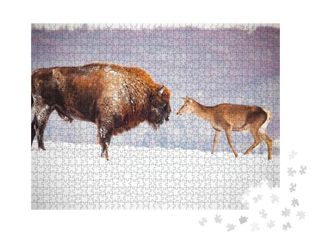 European Bison & Deer in Winter... Jigsaw Puzzle with 1000 pieces