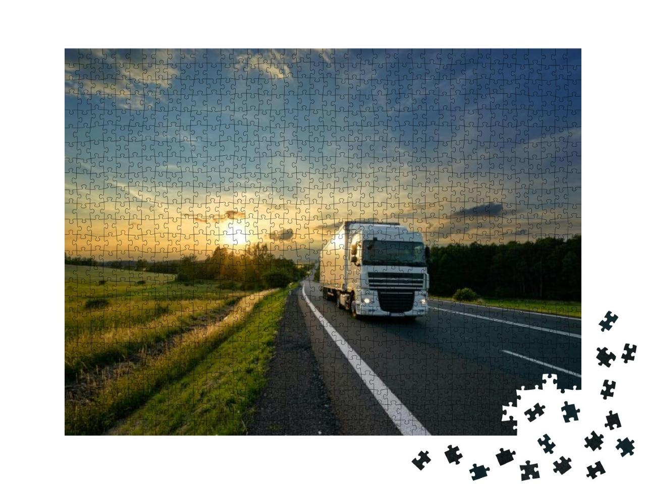 White Truck Driving on the Asphalt Road in Rural Landscap... Jigsaw Puzzle with 1000 pieces