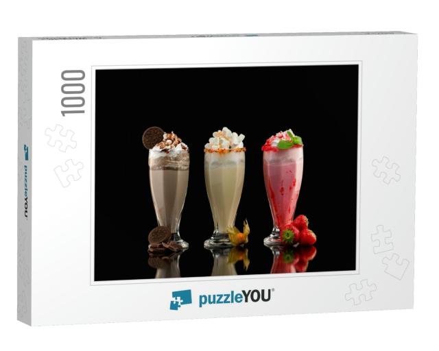Three Glasses of Colorful Milkshake Cocktails - Chocolate... Jigsaw Puzzle with 1000 pieces