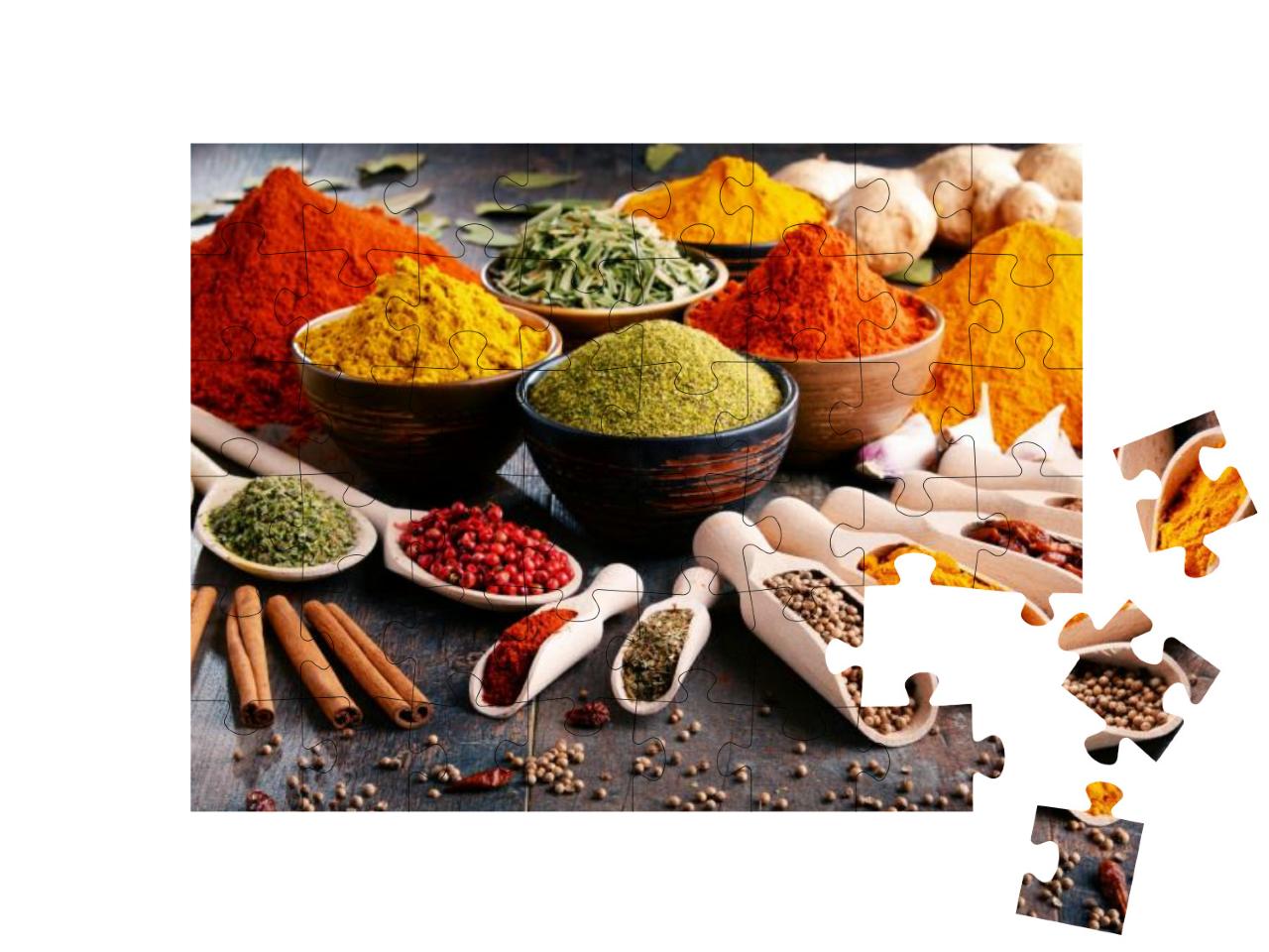 Variety of Spices & Herbs on Kitchen Table... Jigsaw Puzzle with 48 pieces