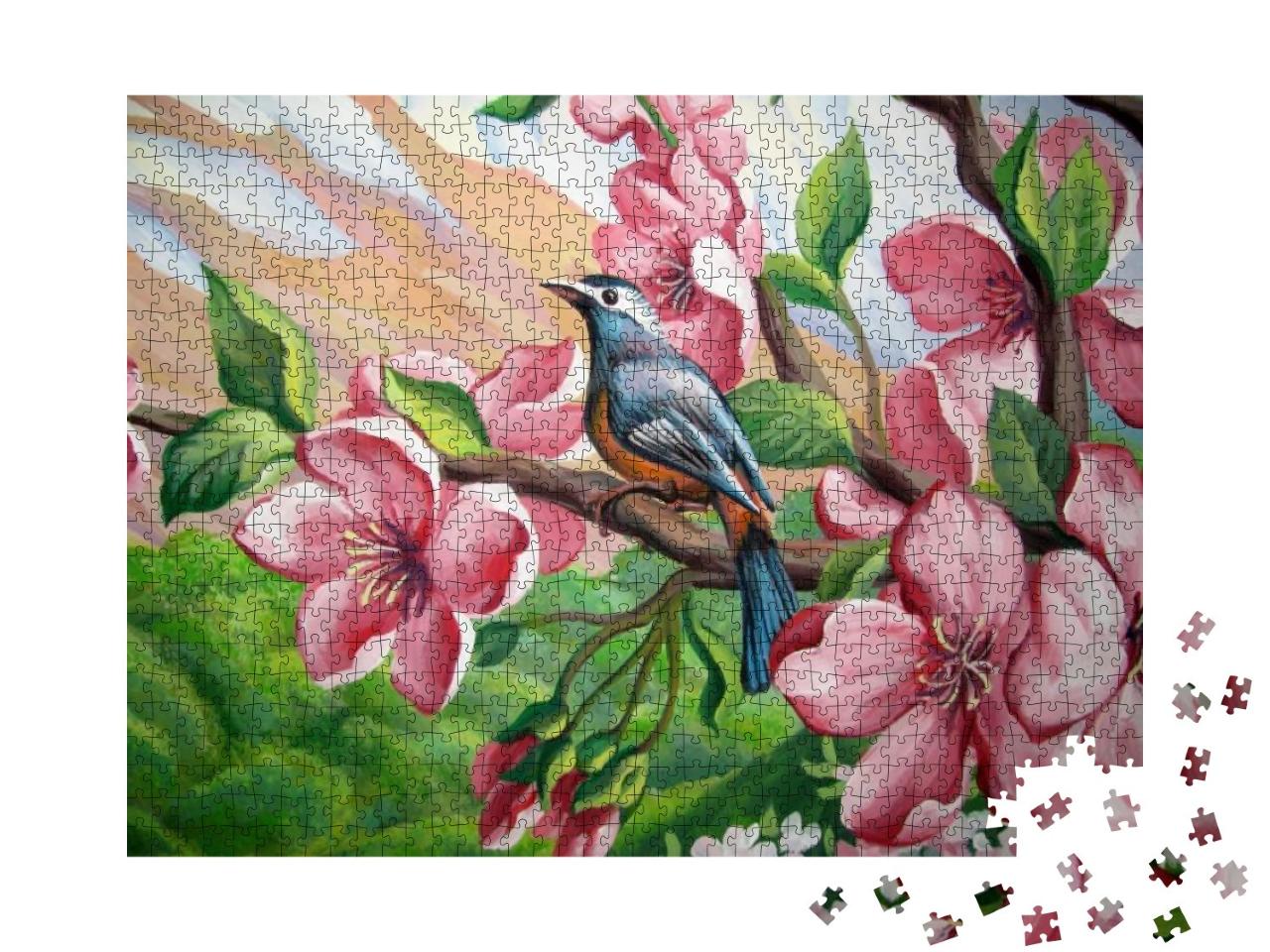 Sakura Branch Blooming with a Bird, Acrylic Painting... Jigsaw Puzzle with 1000 pieces