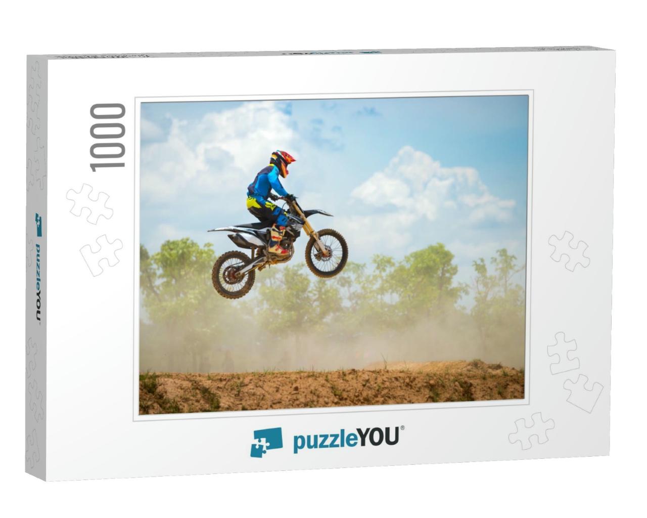 Motocross Rider Jump in a Blue Sky with Clouds. Enduro Bi... Jigsaw Puzzle with 1000 pieces