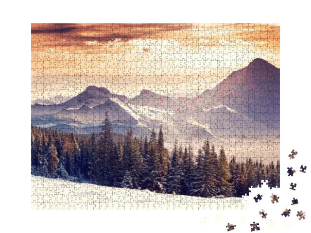 Fantastic Evening Winter Landscape. Dramatic Overcast Sky... Jigsaw Puzzle with 1000 pieces