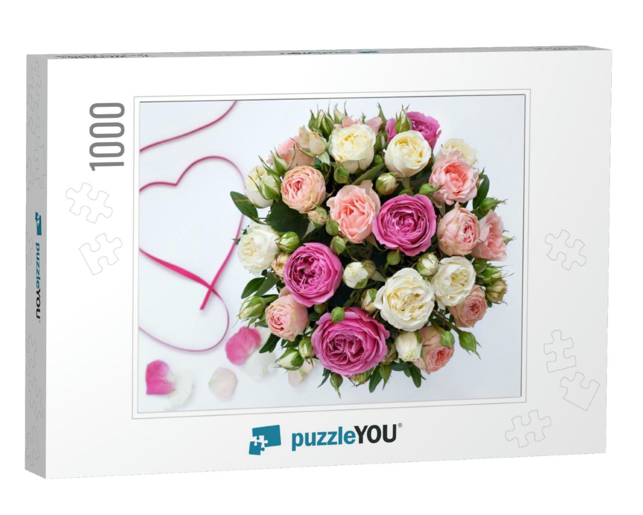 Bouquet of Roses on a White Background, Close-Up with a B... Jigsaw Puzzle with 1000 pieces