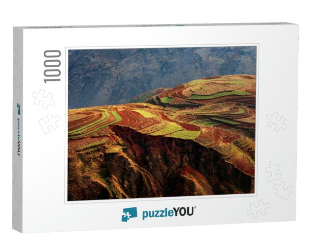 Dongchuan Red Earth Multi-Colored Terraces - Red Soil, Gr... Jigsaw Puzzle with 1000 pieces