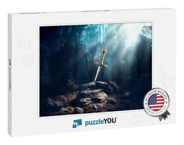 High Contrast Image of Excalibur, Sword in the Stone with... Jigsaw Puzzle
