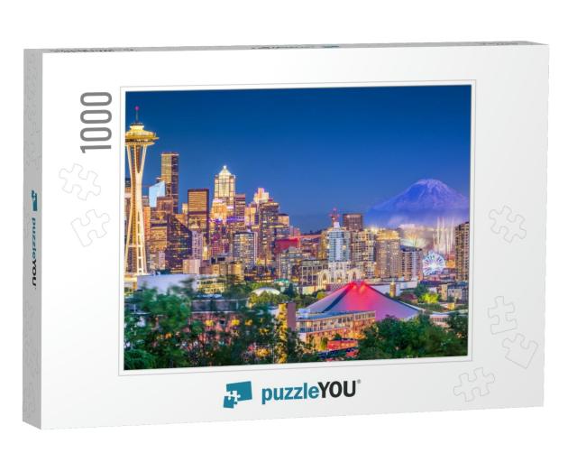 Seattle, Washington, USA Downtown Skyline At Night with Mt... Jigsaw Puzzle with 1000 pieces