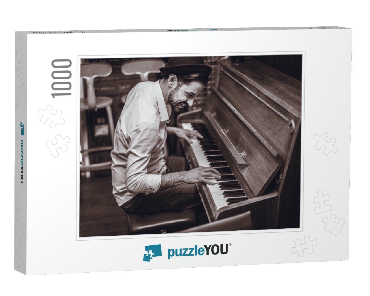 Trendy Man with Stylish Hat & Beard Trying Playing Vintag... Jigsaw Puzzle with 1000 pieces