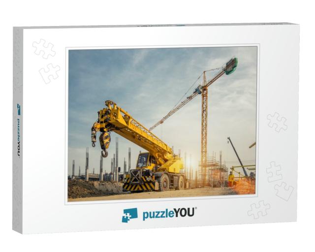 Mobile Crane on a Road & Tower Crane in Construction Site... Jigsaw Puzzle