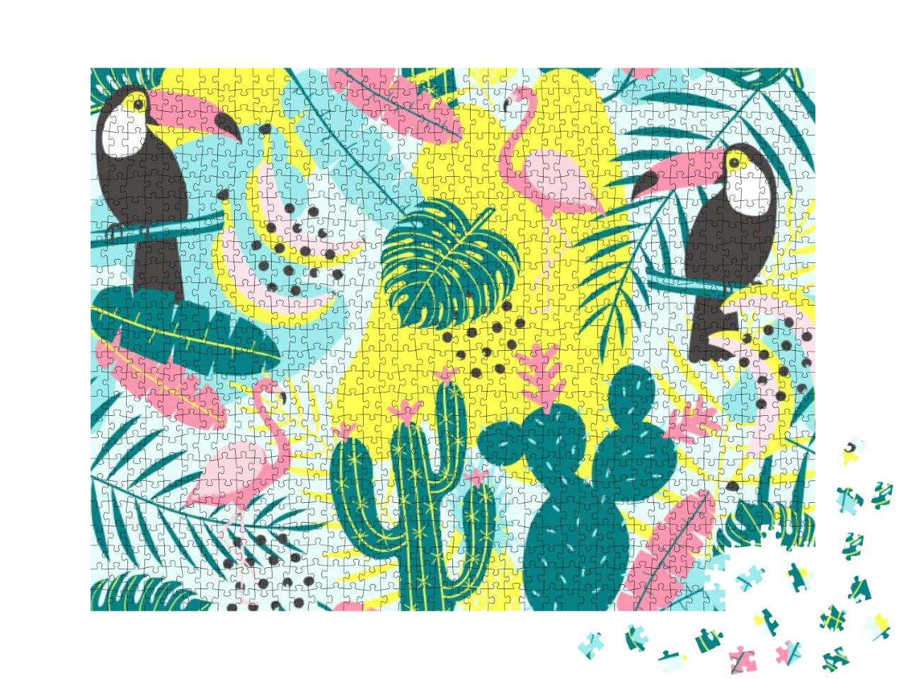 Tropical Seamless Pattern with Toucan, Flamingos, Cactuse... Jigsaw Puzzle with 1000 pieces