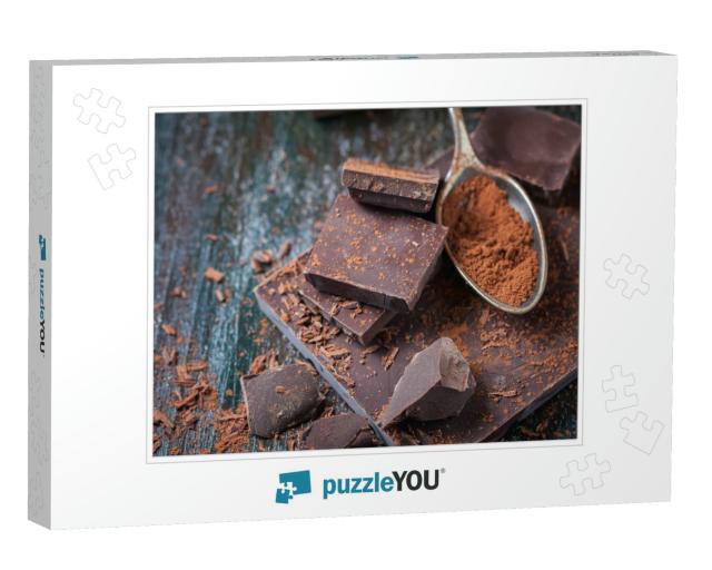 Dark Chocolate Over Wooden Background, Selective Focus... Jigsaw Puzzle
