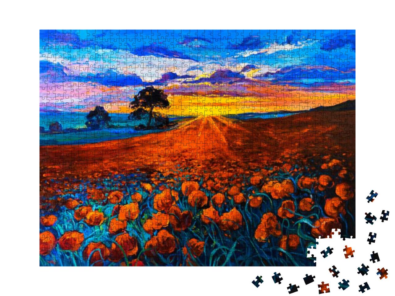 Original Oil Painting on Canvas. Poppy Field, Sunset. Fin... Jigsaw Puzzle with 1000 pieces
