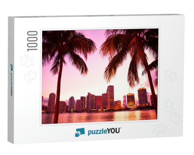 Miami Florida Skyline & Bay At Sunset Through Two Palm Tr... Jigsaw Puzzle with 1000 pieces