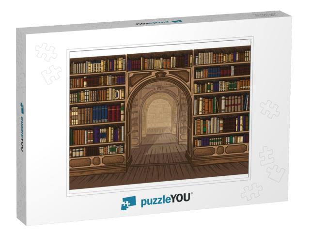 Library Book Shelf Interior Graphic Sketch Colorful Illus... Jigsaw Puzzle