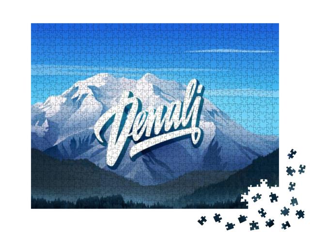 Denali Hand Drawn Vector Lettering with Mountains, Trees... Jigsaw Puzzle with 1000 pieces