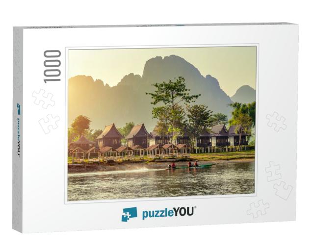 Village & Bungalows Along Nam Song River in Vang Vieng, L... Jigsaw Puzzle with 1000 pieces