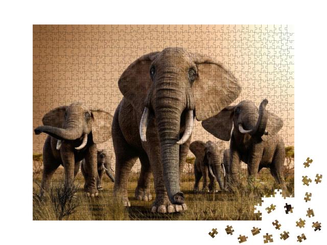 Beautiful Scenery of a Herd of Majestic African Elephants... Jigsaw Puzzle with 1000 pieces