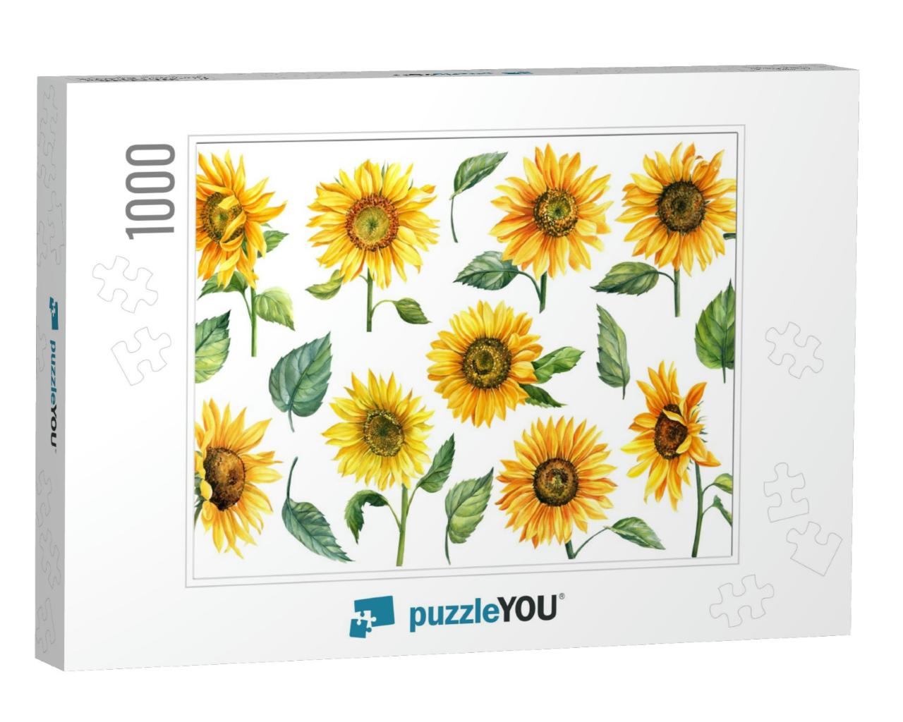 Sunflowers Isolated on White Background, Watercolor Botan... Jigsaw Puzzle with 1000 pieces