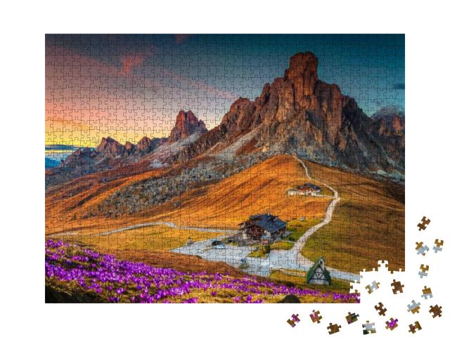 Wonderful Alpine Scenery with Spring Crocus Flowers on th... Jigsaw Puzzle with 1000 pieces