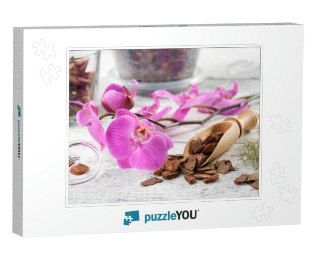 Beautiful Purple Orchid Flower & Wooden Scoop of Pine Bar... Jigsaw Puzzle