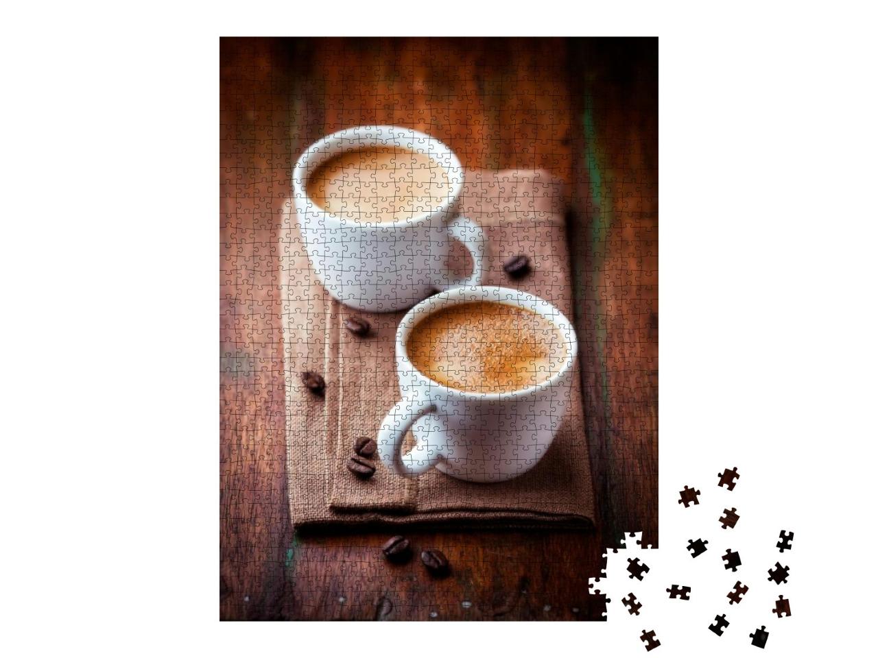 Two Cups of Espresso on Rustic Wooden Table. Symbolic Ima... Jigsaw Puzzle with 1000 pieces