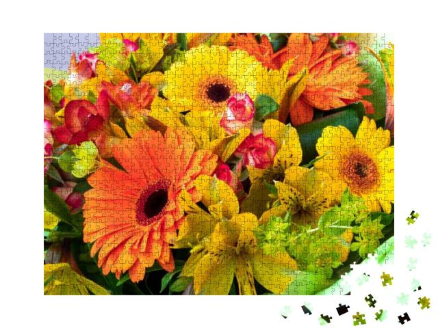 Bright Yellow & Orange Gerbera in a Bouquet of Flowers. B... Jigsaw Puzzle with 1000 pieces