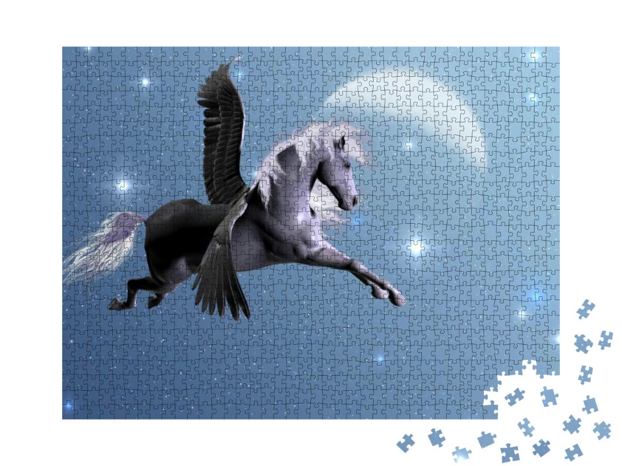 Starlight Pegasus - Silver Pegasus Flies Near the Stars &... Jigsaw Puzzle with 1000 pieces