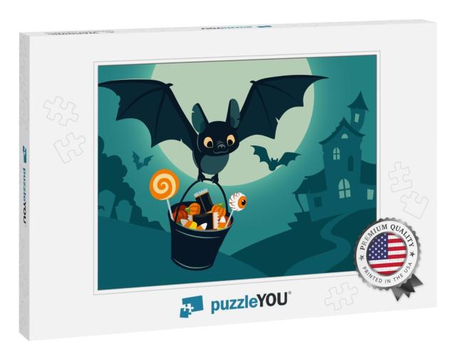 Vector Illustration of Nighttime Halloween Scene, Cute Ba... Jigsaw Puzzle
