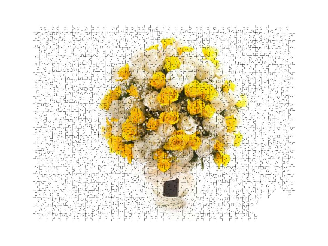 Fresh Yellow & White Rose Bouquet in a Clear Vase in Whit... Jigsaw Puzzle with 1000 pieces