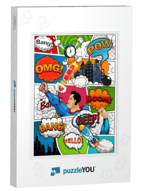 Comic Book Page Divided by Lines with Speech Bubbles, Roc... Jigsaw Puzzle