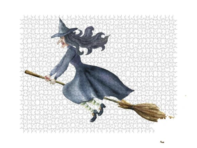 Watercolor Witch. Hand Painted Magic Character Fly... Jigsaw Puzzle with 1000 pieces