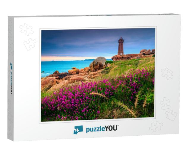 Beautiful Stone Lighthouse & Colorful Pink Flowers At Sun... Jigsaw Puzzle