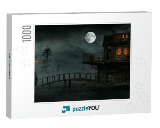 Night Scene with Fantasy Boat & Fog on a Water. 3D Illust... Jigsaw Puzzle with 1000 pieces