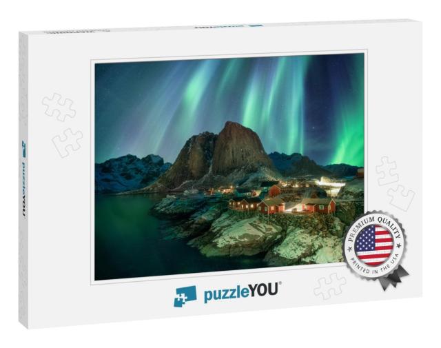 Northern Lights Over Fishing Village with Mountain Range... Jigsaw Puzzle