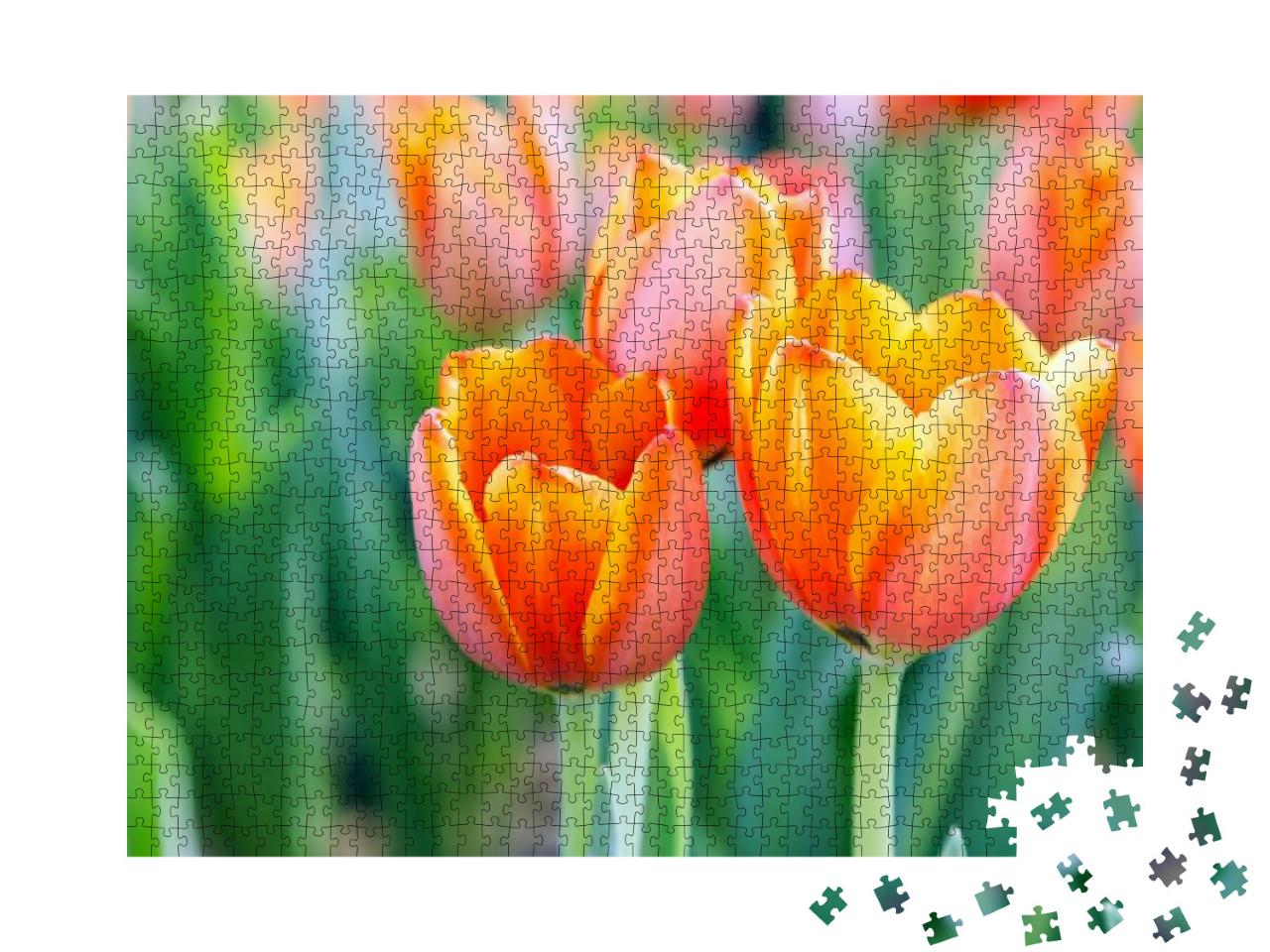 Tulip Flower with Green Leaf Background in Tulip Field At... Jigsaw Puzzle with 1000 pieces