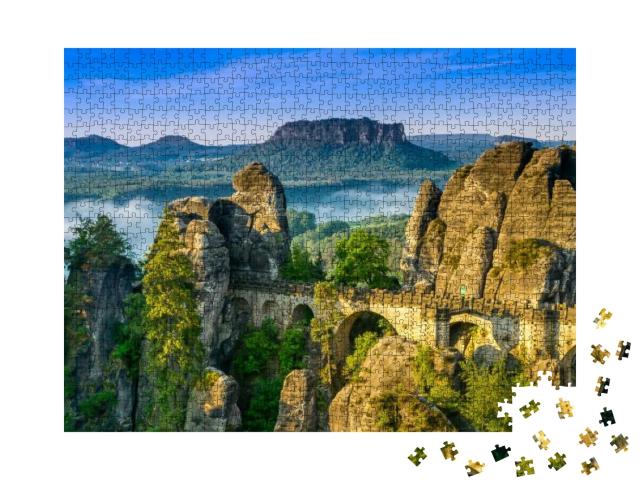 Bridge Named Bastei in Saxon Switzerland, At Sunrise & th... Jigsaw Puzzle with 1000 pieces