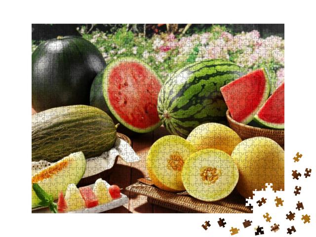 Assorted Melons & Watermelons on a Table At Garden... Jigsaw Puzzle with 1000 pieces