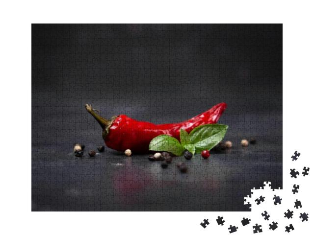 Chili Pepper with Basil & Peppercorns on a Rustic Surface... Jigsaw Puzzle with 1000 pieces