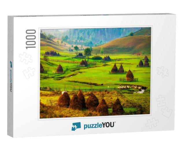 Mountain Landscape with Autumn Morning Fog At Sunrise - F... Jigsaw Puzzle with 1000 pieces