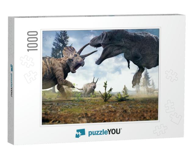 3D Rendering of Tyrannosaurus Rex Facing Off Against a Tr... Jigsaw Puzzle with 1000 pieces