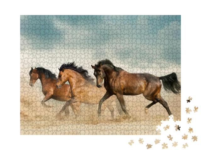 Beautiful Bay Horses Running in Desert on Freedom... Jigsaw Puzzle with 1000 pieces