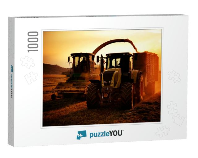 Tractors Working on Farm Field At Sunset... Jigsaw Puzzle with 1000 pieces