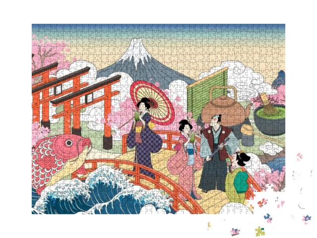 Retro Japan Scenery in Ukiyo-E Style, People Carrying Enj... Jigsaw Puzzle with 1000 pieces