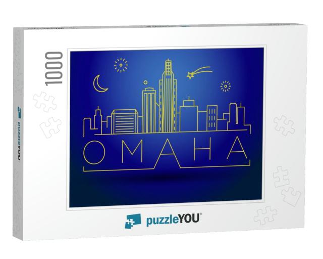 Minimal Omaha Linear City Skyline with Typographic Design... Jigsaw Puzzle with 1000 pieces