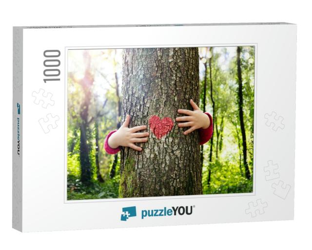 Tree Hugging - Love Nature - Child Hug the Trunk with Red... Jigsaw Puzzle with 1000 pieces
